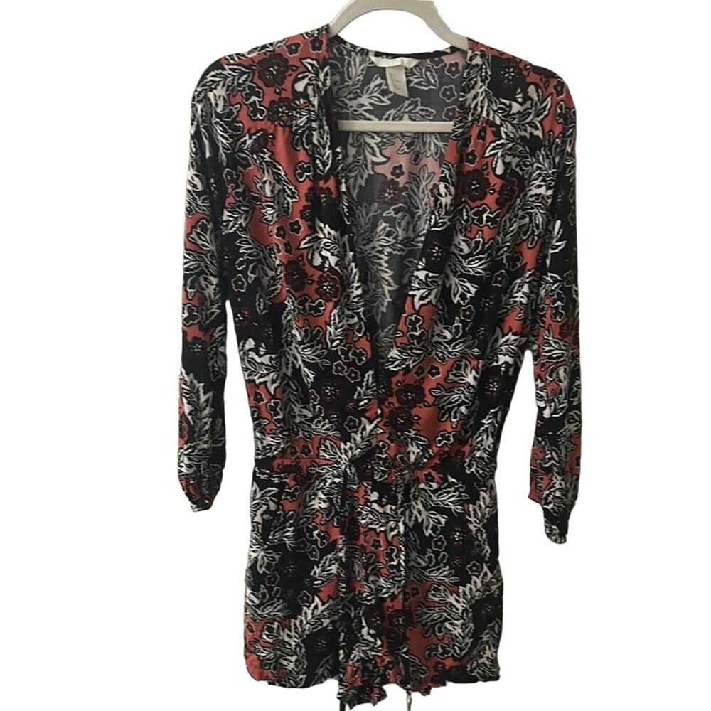 H&M Deep V-Neck Long Sleeve Draw String Waist Floral Romper 4 Boho Chic Coquette